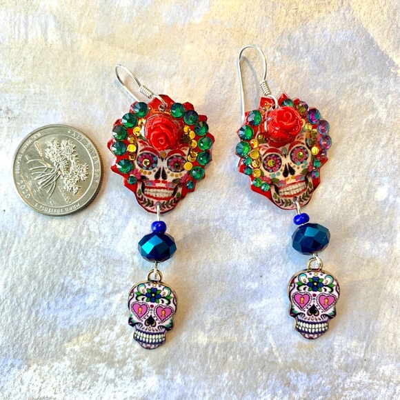 Handpainted sugar skull day of the dead earrings fancy Halloween long dangle - Picture 3 of 4